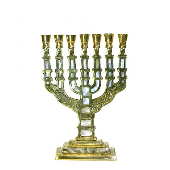 Brass Knesset Menorah with Mother of Pearl