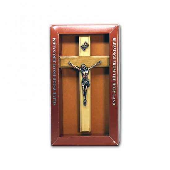 Olive Wood Cross with Crucifix, Brown Box